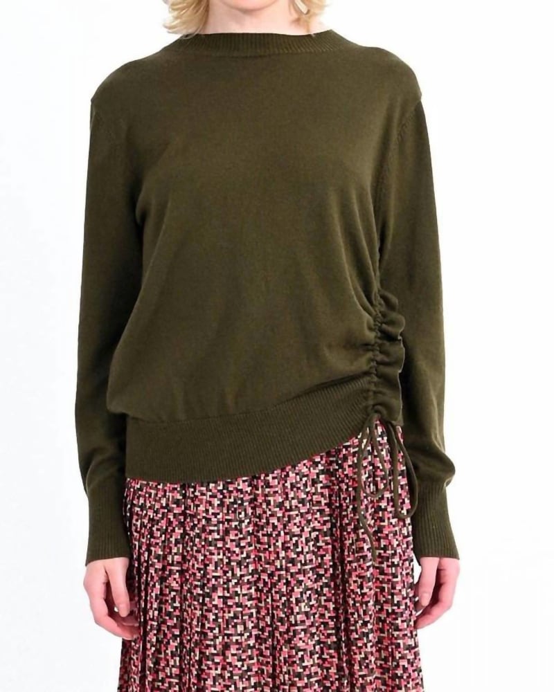 Front of a model wearing a size Large Knit Sweater in Olive in Olive by MOLLY BRACKEN. | dia_product_style_image_id:346053